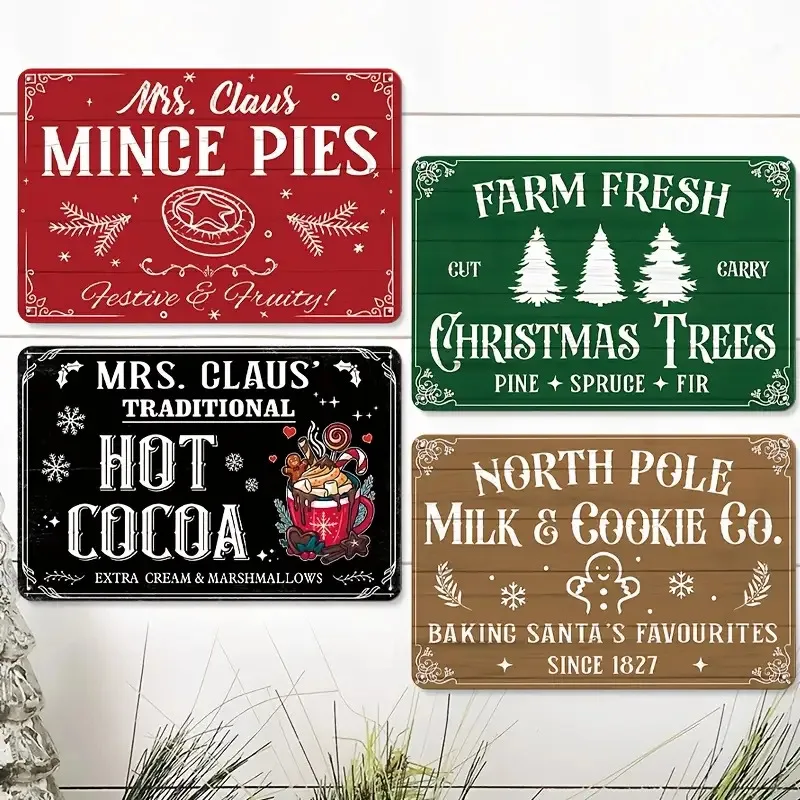 2D Flat, 4pcs Vintage Christmas Pie Metal Wall Art-  With 