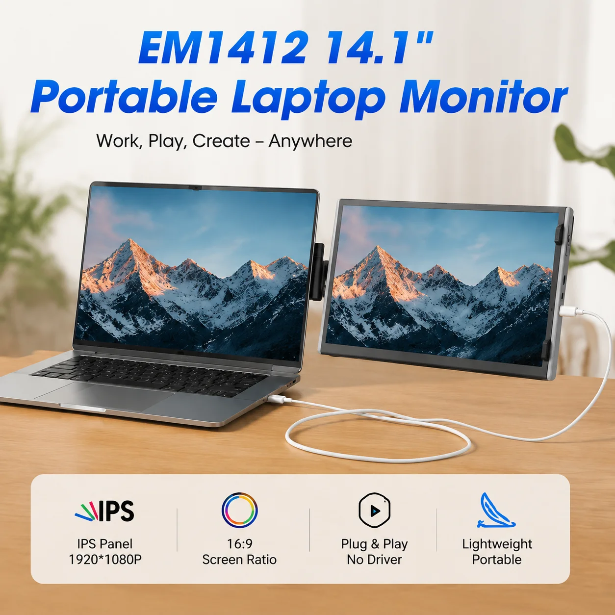 Portable Monitor 14 Inch FHD IPS Screen Laptop Monitor Extension Dual Screenwith Built-in Speakers, Ultra-Thin External Displ
