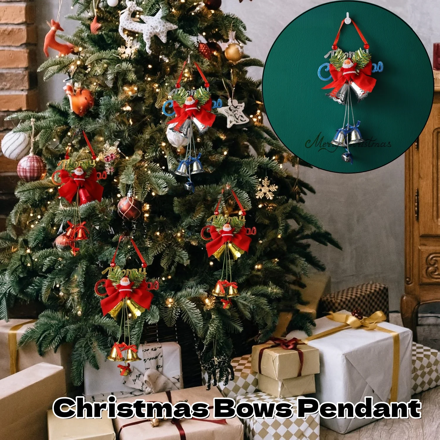 

Christmas Bows Pendant Wall Hanging Santa'S Bells Christmas Tree Decoration Xmas Wreath Bow Wall Decor For Holiday Home Party