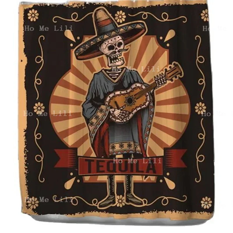 Gothic Theme Skull Shower Curtain Day Of The Dead Skeleton With A Guitar Black And Orange Mexican Tequila Word Bathroom Decor