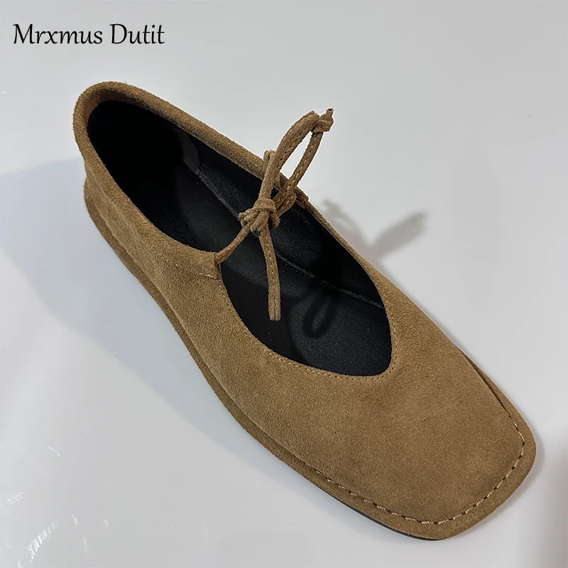 Mrxmus Dutit Genuine Suede Lace Ballet Flat Shoes 2024 New Retro Brown Simple Commuter Women's Shoes