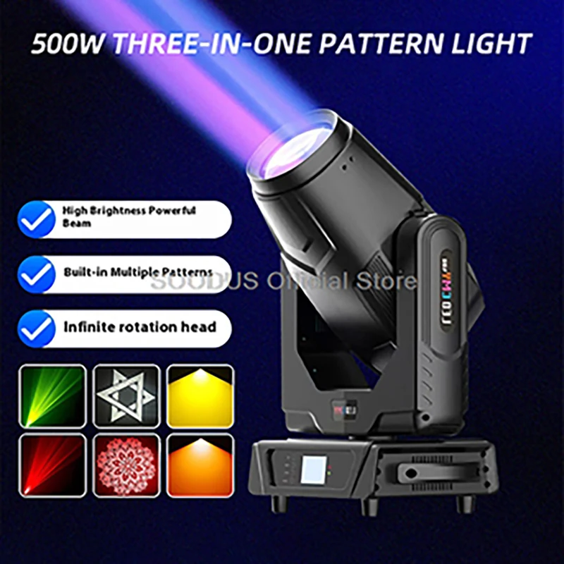 

500W Moving Head Beam Light 3D Gobo LED Stage Light DMX512 Rainbow Prism Effect Spotlights for DJ Disco KTV Bar Wedding Lighting
