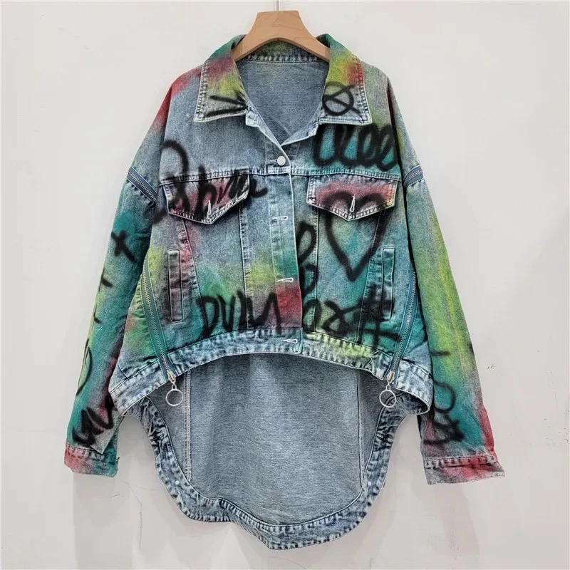 Women Denim Coat Loose Patchwork Zippers Letters Graffiti Contrast Color Irregular Jackets 2026 Summer New Fashion