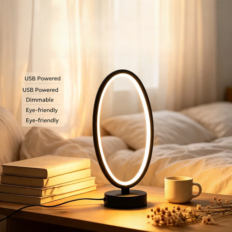Led Ring Light - 楕円形のリング型LEDテーブルランプ。USB電源で調光可能。モダンでミニマルなデザインのデスクランプ。マットな金属フレームで、目に優しい、柔らかく温かい光を放つナイトライト。