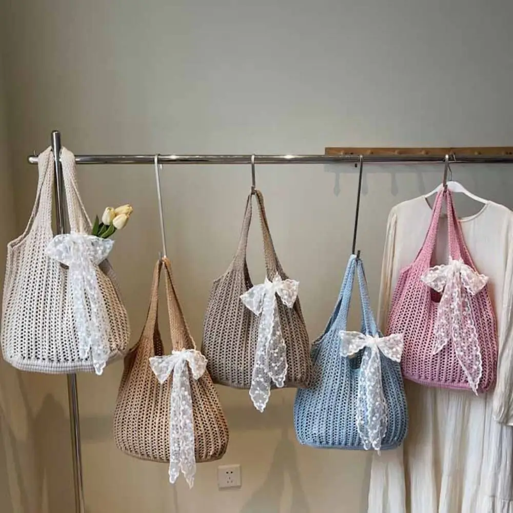 

Cute with Lace Ribbon Solid Color Woven Bag Tote Bag Hollow Out Beach Bag Beach Handbag Large Capacity Hollow Shoulder Bag Girls