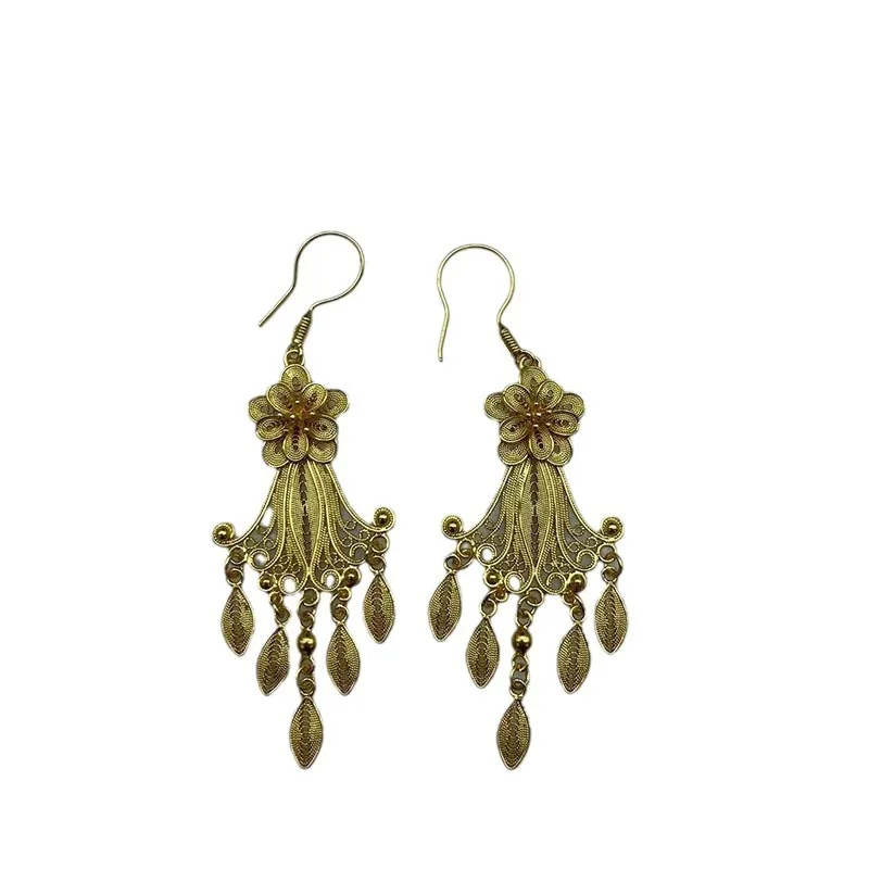 Ethnic Style Pure Handmade Silver Gold-plated Hollow Flower Long Tassel Women's Earrings Selected Vintage Jewelry Gift