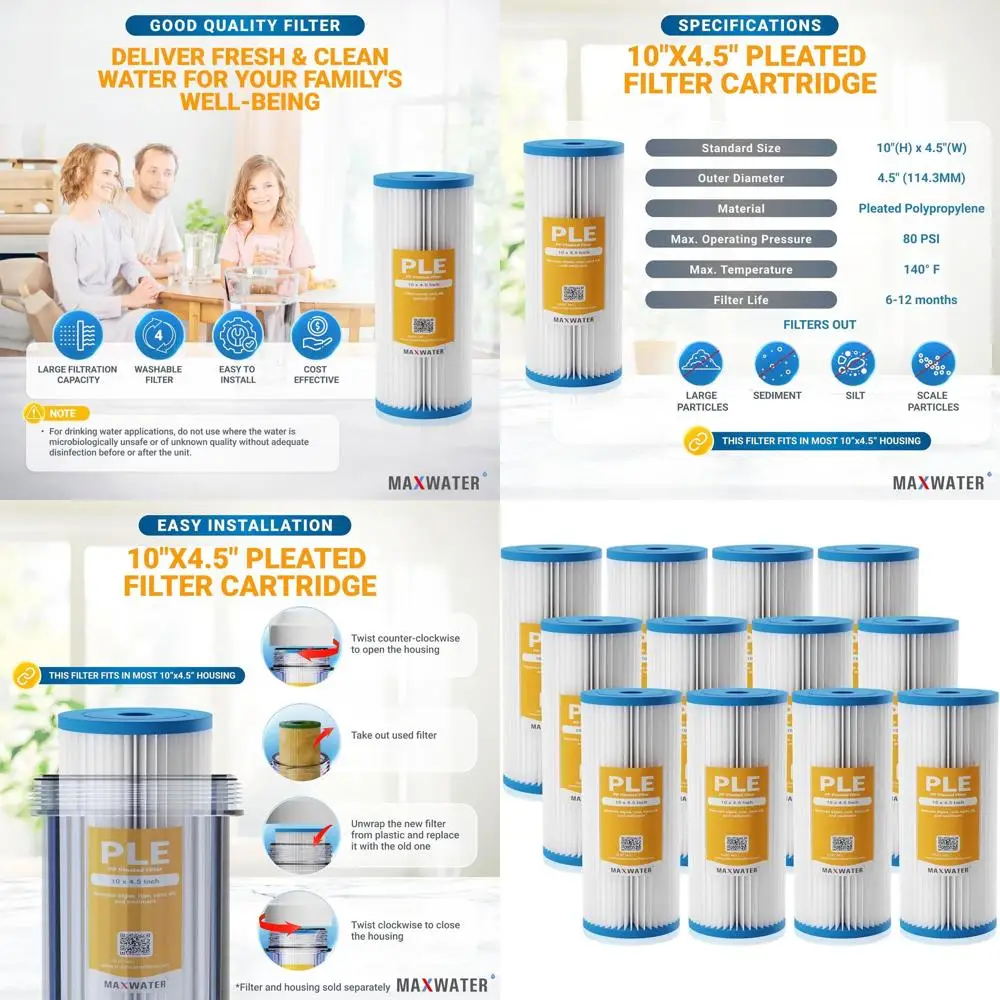 

50 Micron 10 x 4.5 Inch Pleated Sediment Filter Cartridge, Washable, 12-Pack for Whole House Systems