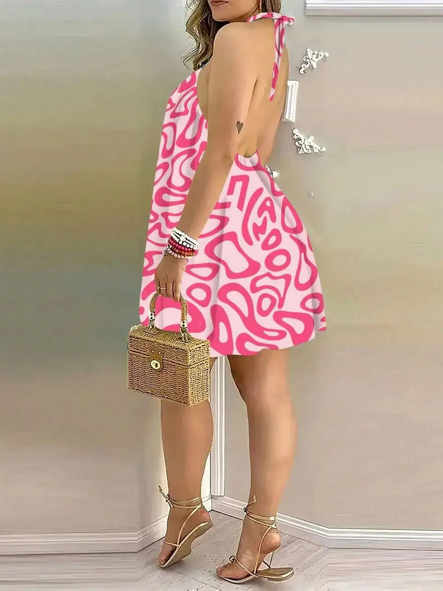 

Women Backless Halter Dress Pink Abstract Waves Print Loose Casual Vacation Dress