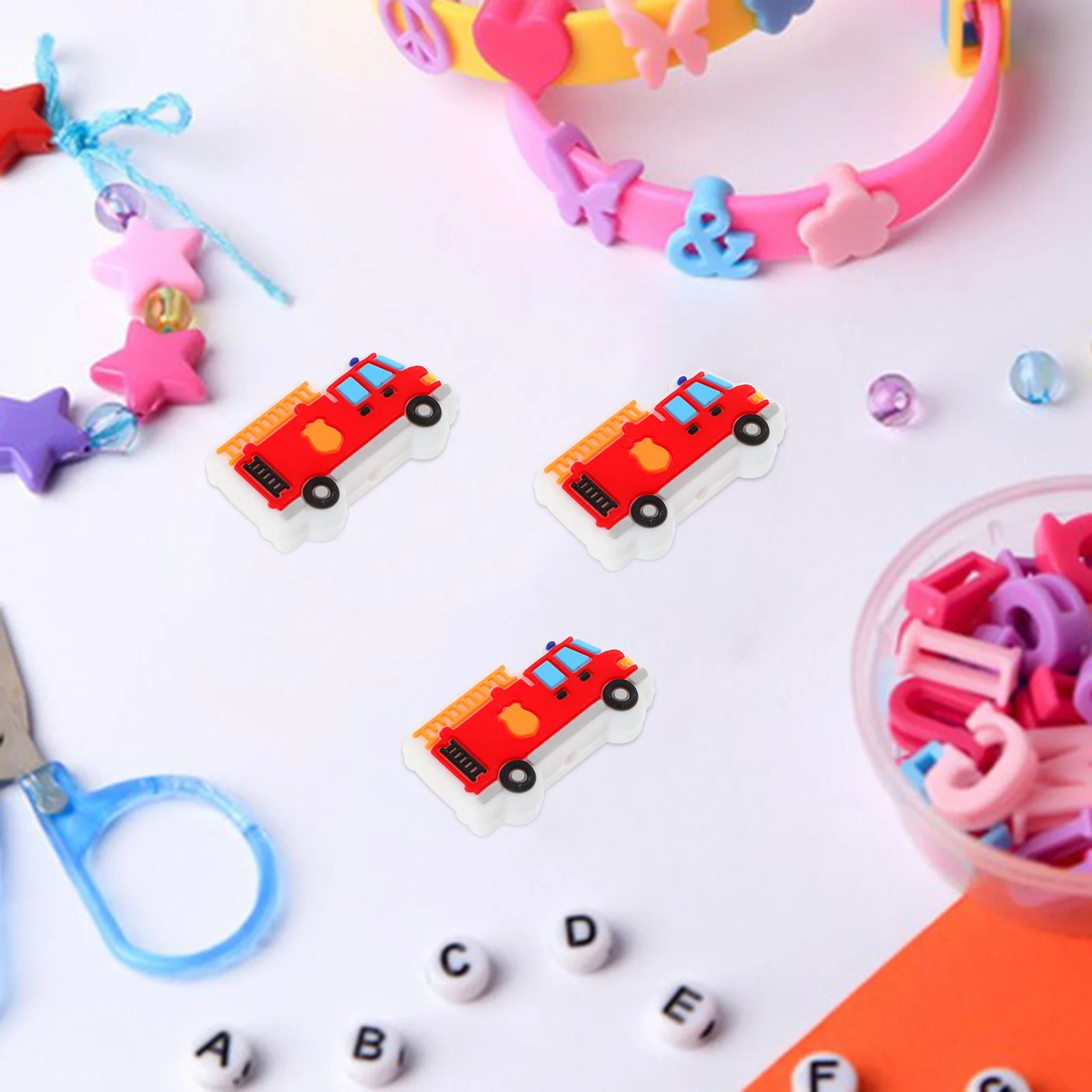 

10Pcs Fire Fighting Truck Silicone Beads Bright Colors Large Hole Beads for Handcraft DIY Bracelet Necklace Making