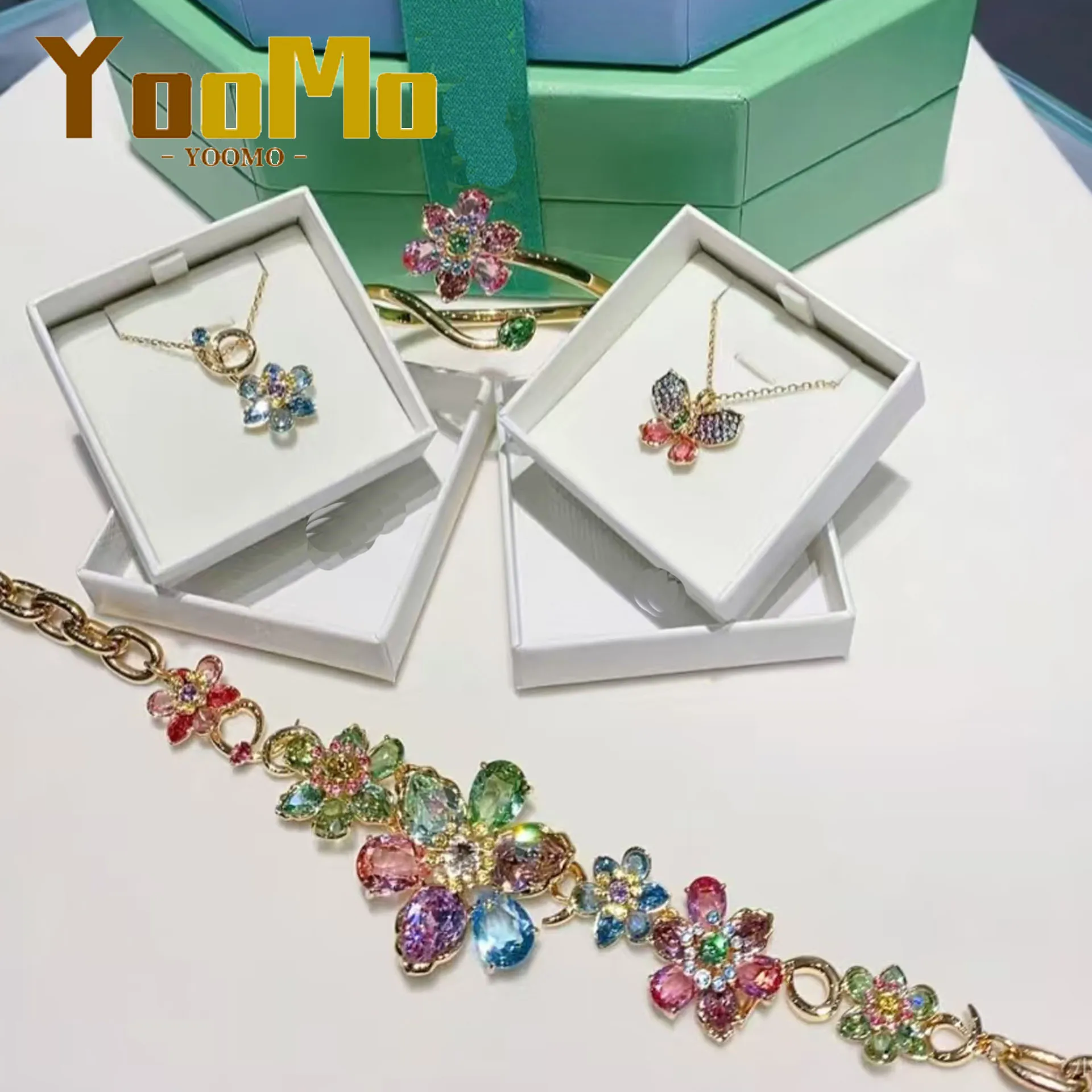 

Flower Crystal Boutique Irregular Original Jewelry Set New Color Earring Exquisite Necklace Ring Bracelet Wedding Gift for Women