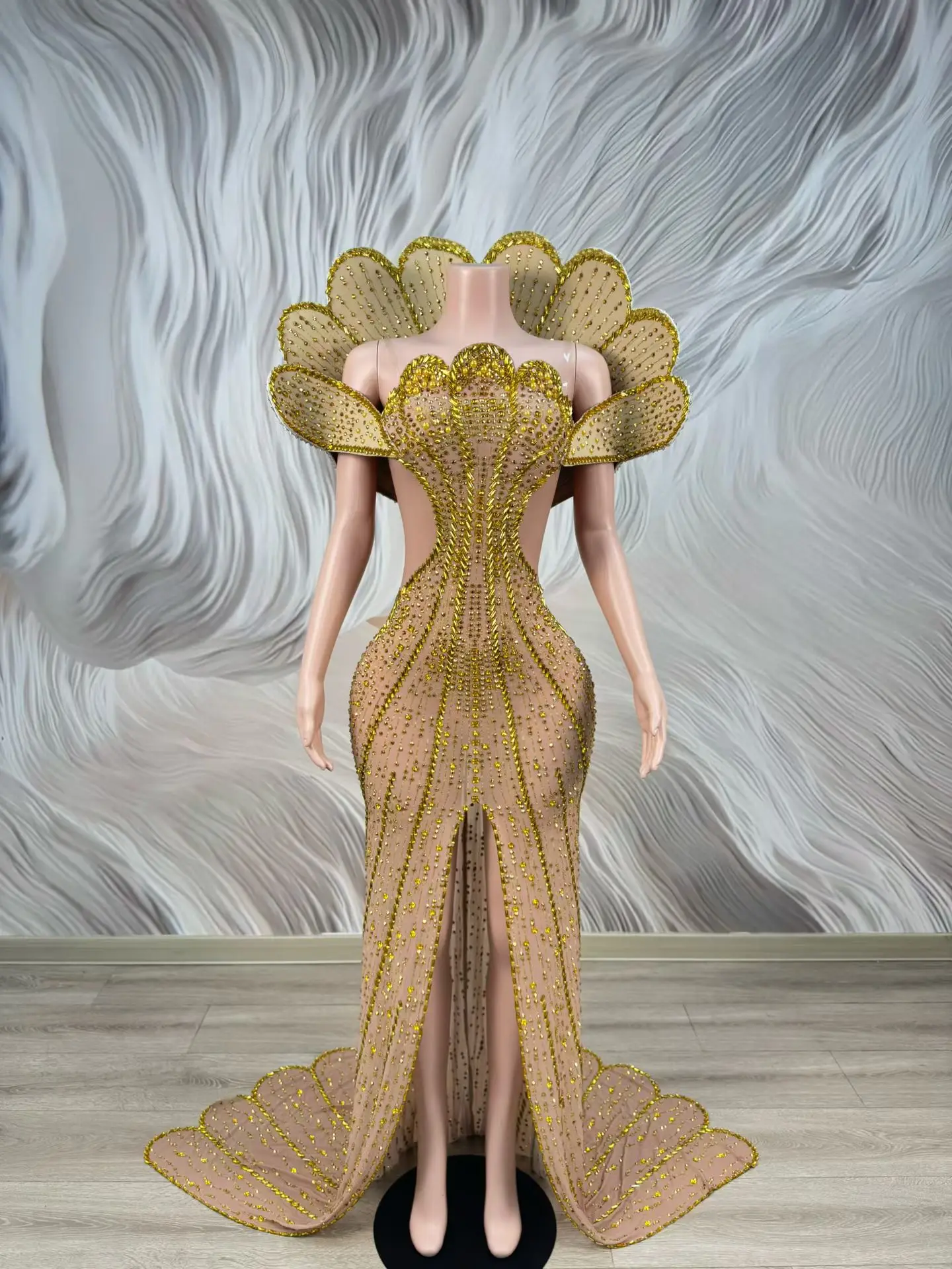 

Вечернее платье Heijialun Sparkling Gold Diamond Party Queen: Сексуальное, с прозрачными вставками, разрезом и шлейфом, на заказ, для особых случаев, выпускных вечеров