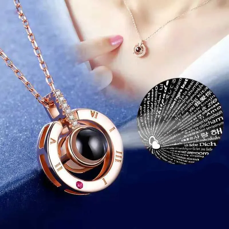 I Love You in 100 Languages Projection Necklace for Women Roman Number Circle Pendant Silver Color Crystal Jewelry Valentine's