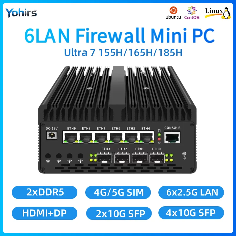 12th Mini PC Intel Core Ultra 7 155H 165H 185H 4x10G SFP 6x2.5G i226-V LAN USB4 2xM.2 NVMe ESXi Industrial Firewall Computer PC