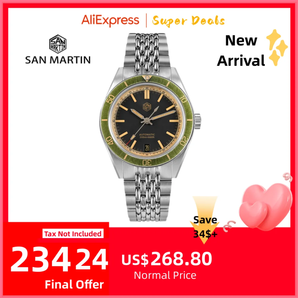 

San Martin 39.5mm Distressed Aluminum Bezel NH35 Mens Dive Watch Mechanical Retro Wristwatch C3 Luminous 6H Date Reloj SN0116B-2