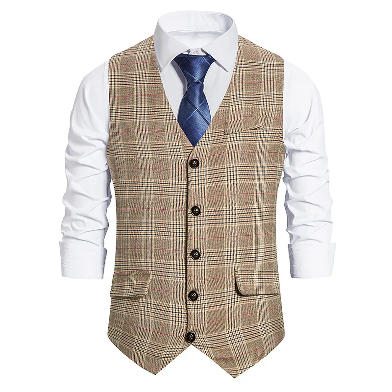

New Men's Vest Wedding Slim Suit Vest Coat Plaid Single breasted Sleeveless Top Formal Designer Dress Luxury Clothes Workwear