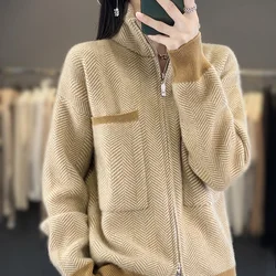 Women's cardigan 100% Australian wool sweater color matching knitted high neck full sleeve jacket Women's new pure wool sweater