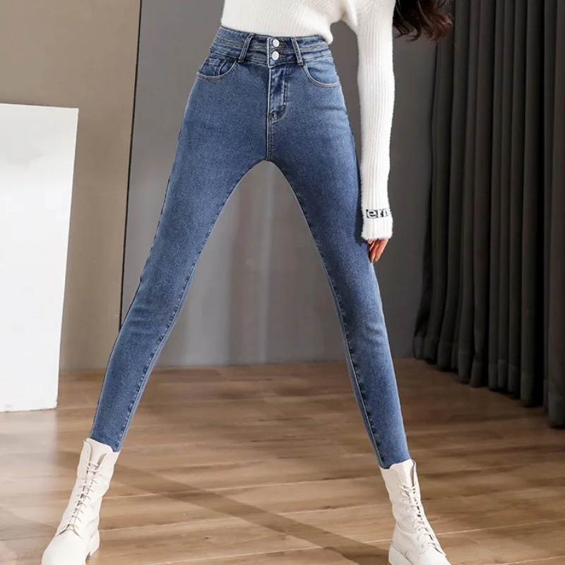 Skinny Jeans for Women Plus Velvet Warm Tender Korean Fashion Harajuku Thicker High Waist  Y2k Jean Elegant Ulzzang Stylish Chic