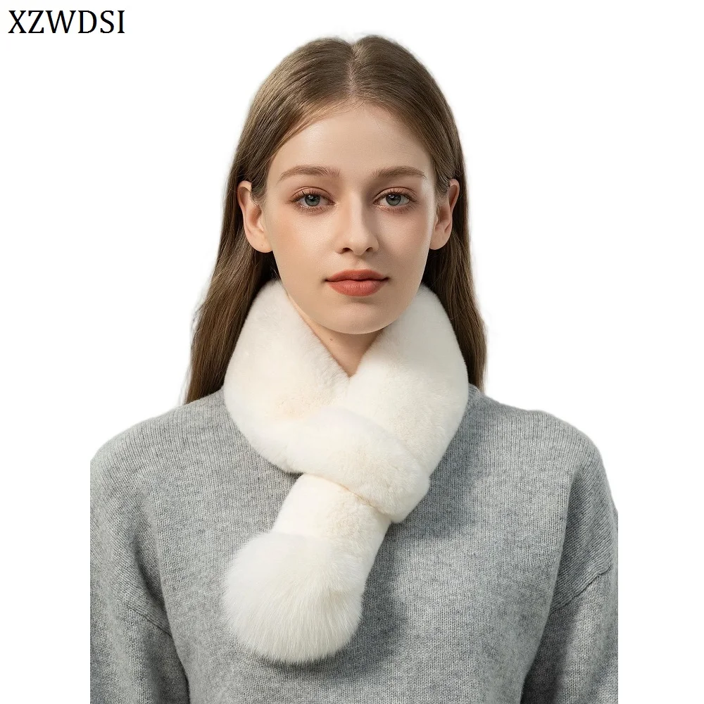 両面使えるレディースエレガント厚手ネックウォーマー本物のレックスラビットファースカーフ（ボール付き）