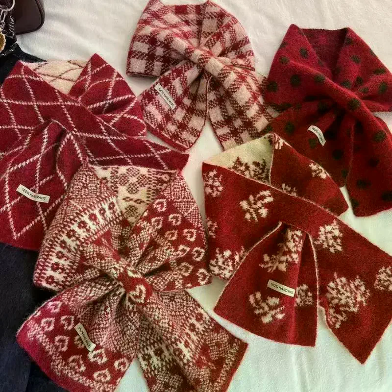 

Осенне-зимний вязаный шарф с крестом, короткий женский теплый шарф, модный ретро красный цвет, новогодний шарф, чехол на шею