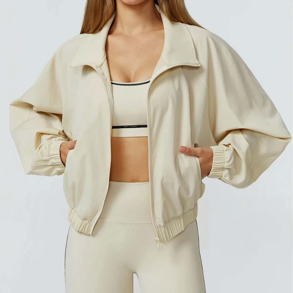 Autumn Women Sports Jacket Quick Dry Stand Up Collar Zipper Coats Windproof Outdoor Running Yoga Jacket Loose Gym Sportswear