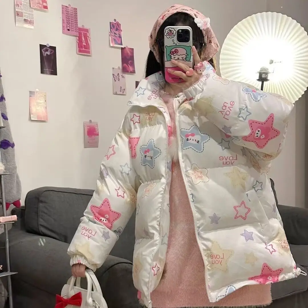 Sanrio jaket katun wanita, mantel katun Hello Kitty lucu, jaket katun longgar gaya Jepang, mantel ritsleting kerah tebal hangat baru musim dingin