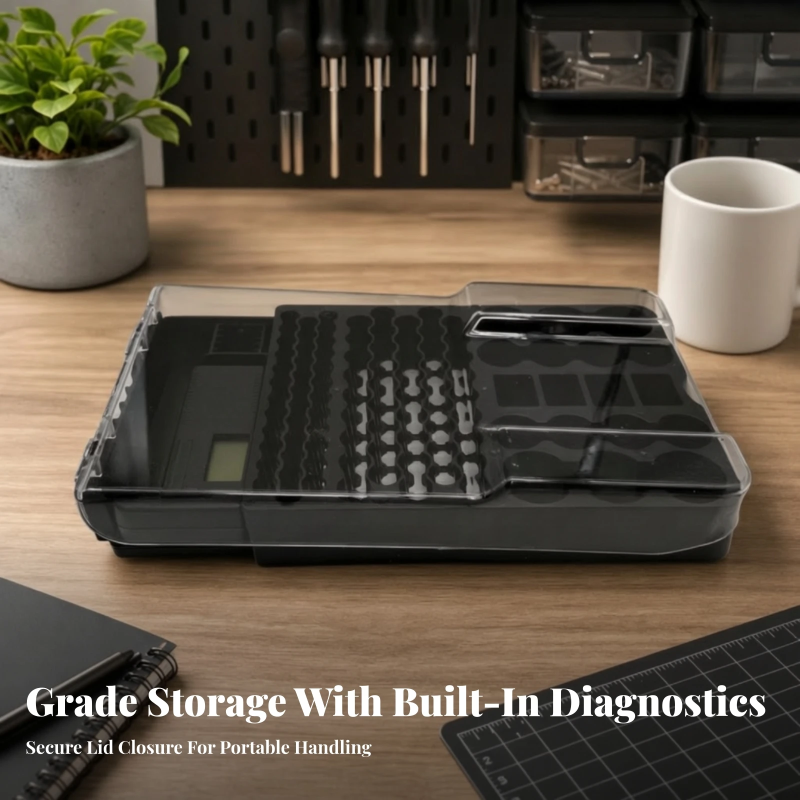 Storage Case Space-Saving Battery Tester with Storage Compartments for Home Workshop, Utility Drawer