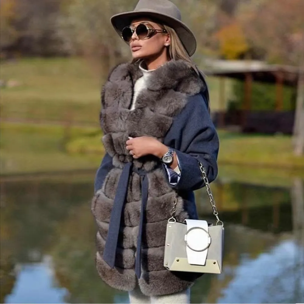 BFFUR New Winter Fur Cape Women Real Fox Fur Collar Ponchos Cloak Outwear Female Coats Wool Warm Cardigan Shawl Jacket