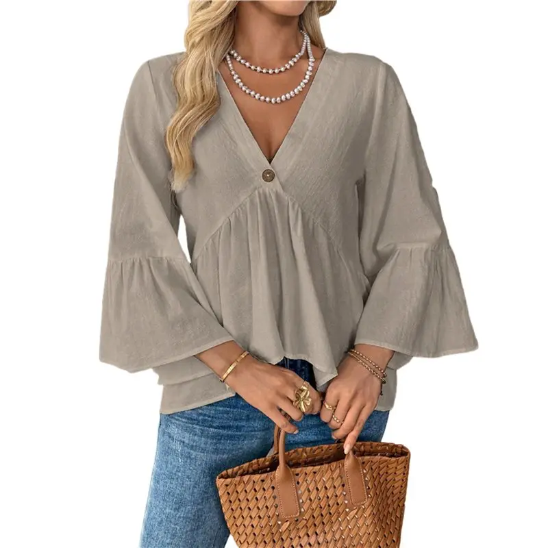 

Женская туника CYL с длинным рукавом, V-образным вырезом, свободного кроя, в стиле бэбидолл, с пеплумом, струящаяся, повседневная блузка, футболка с вышивкой кружевом