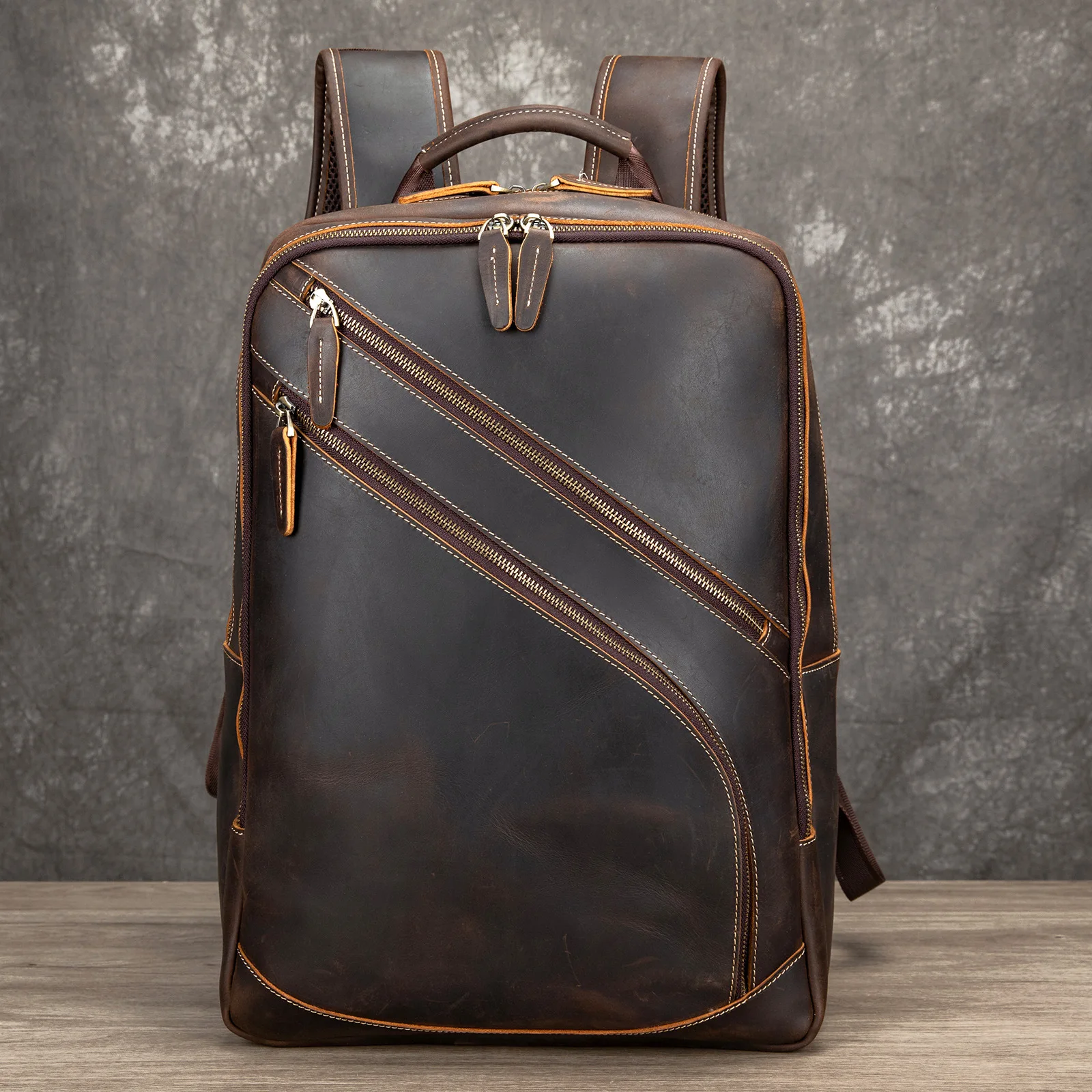 Men's Vintage Crazy Horse Leather Executive Backpack Premium Distressed Full Grain Cowhide Travel Bag for Business