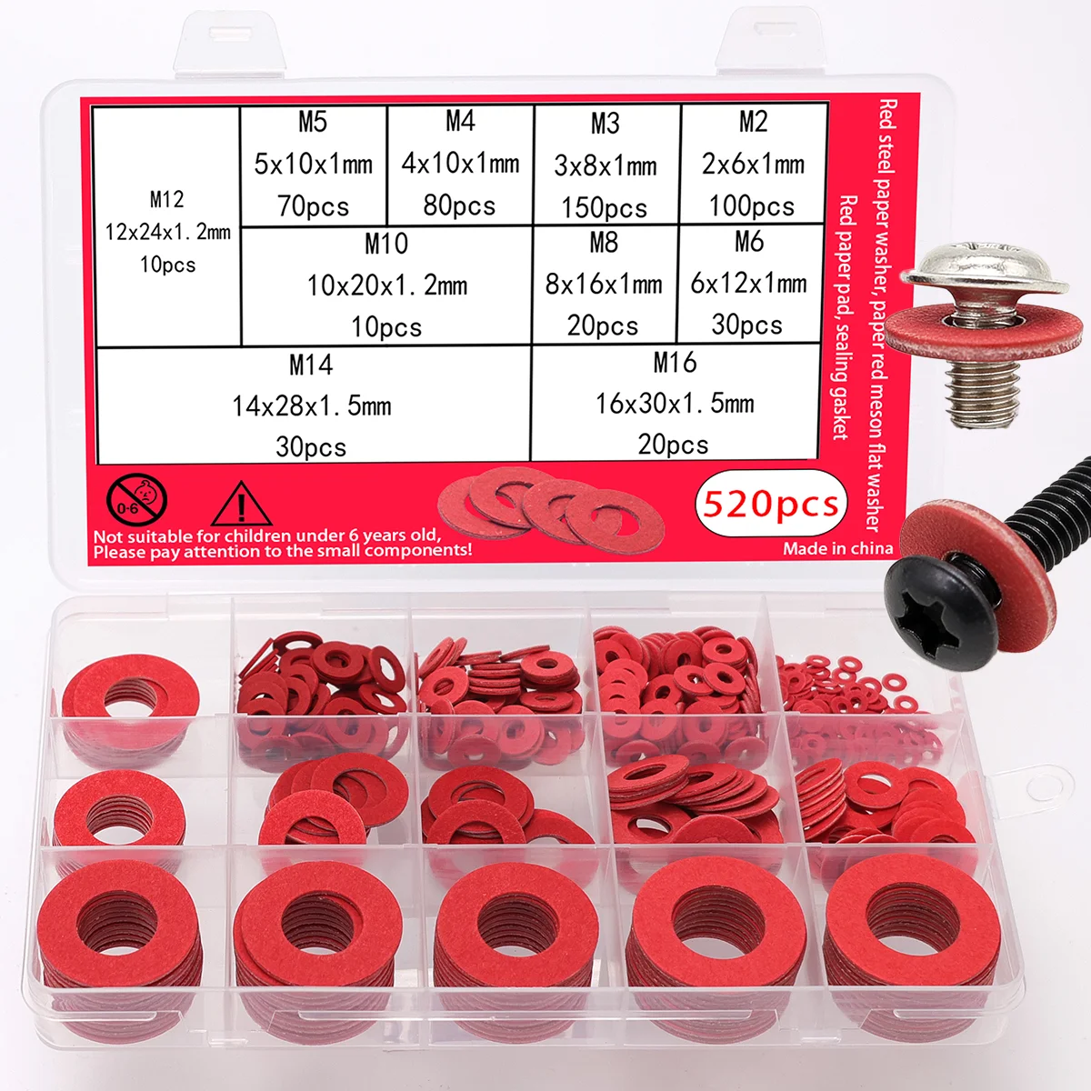 520pcs - Red Steel Paper Washers, Screw and Bolt Sealing Gaskets, Including M2-M16 Flat Washers, Electrical Dielectric Washers