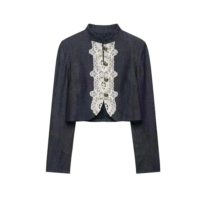 Women's Lace Patchwork Short Coat Long Sleeve Stand Collar Casual Outerwear Autumn Winter Slim Fit Button Detail 2026