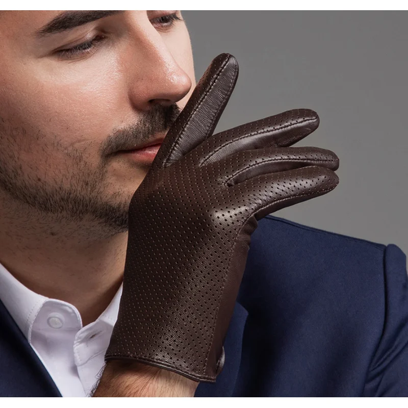 Genuine Sheepskin Leather Gloves Men Breathable Thin Silk Lining Touchscreen Outdoor Cycling Driving Motorcycle Gloves Spring