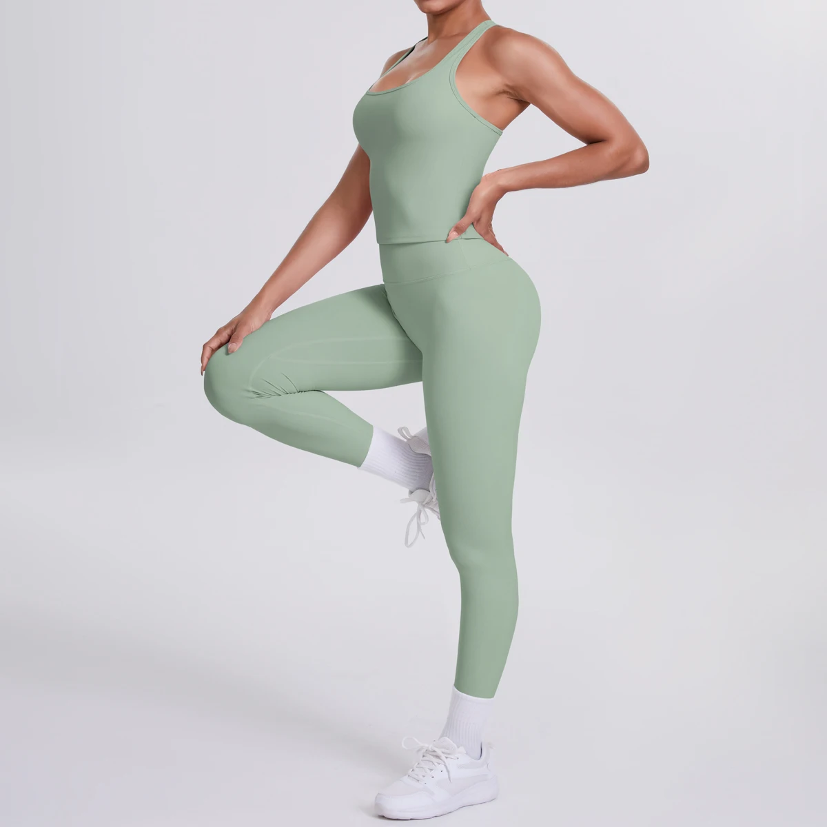Hamidou 2-teiliges Damen-Yoga-Set, schnell trocknende, hüftformende Fitnesshose, Yoga-Leggings, einfarbig, Gym, schöner Rücken, I-förmige Weste – Detail 28
