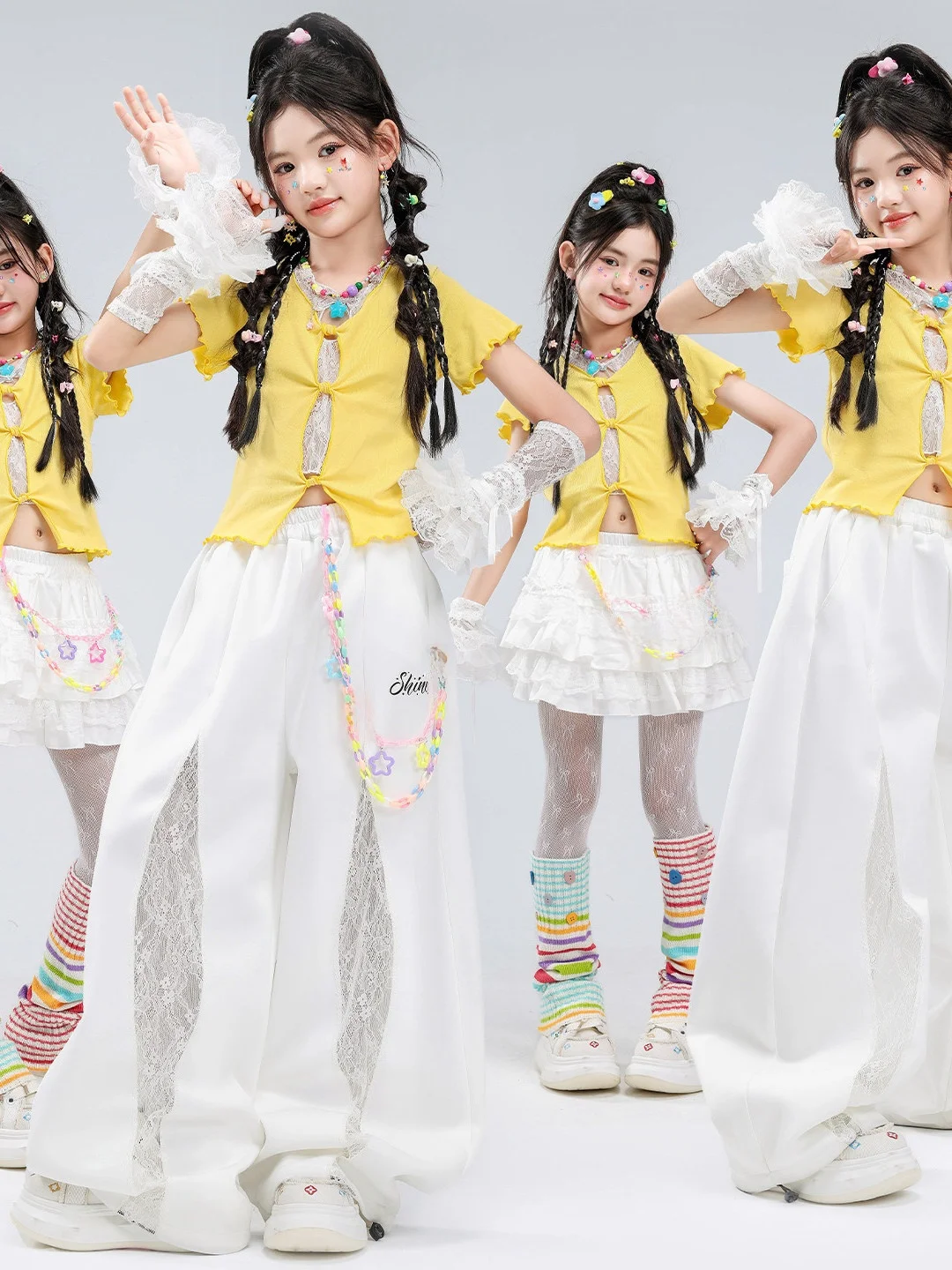 Girls' Jazz Dance Performance Outfit Set Yellow Crop Top Exposure Child Model Dopaamine Performance Costume Children's Fashio...
