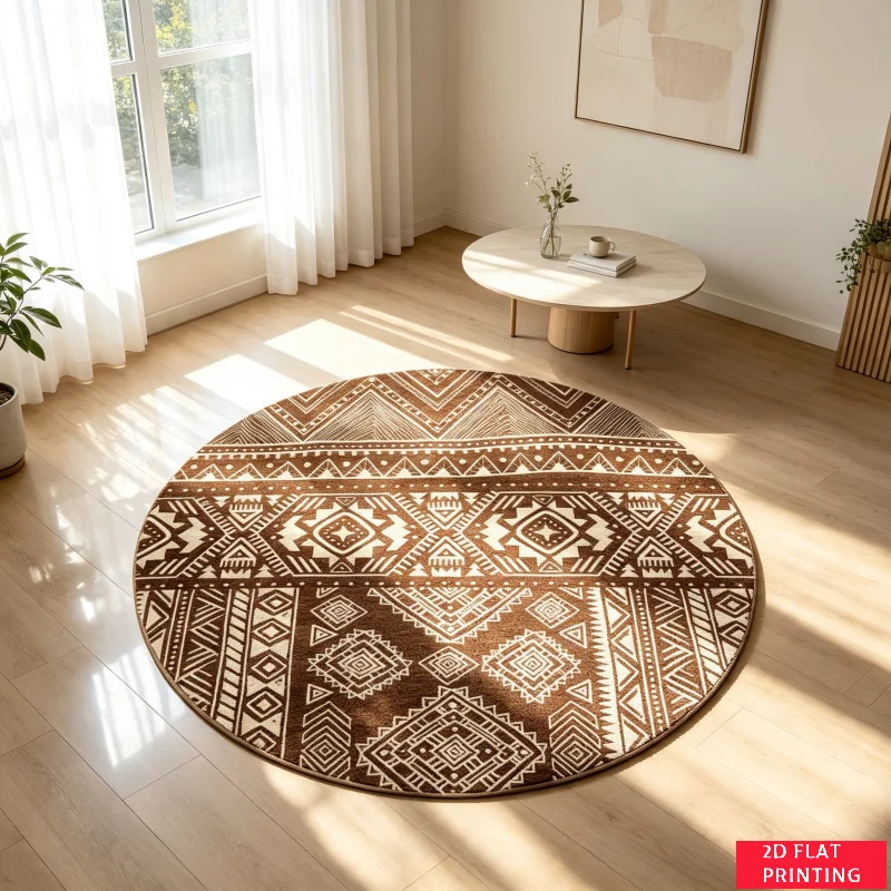 Boho Brown And Cream Tribal Diamond Geometric Round Rug For Modern Bohemian Bedroom Accent With Earthy Tones Printed Carpet