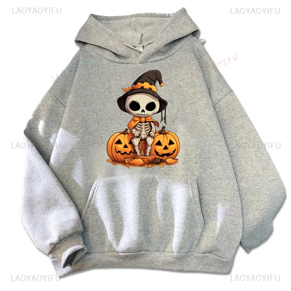 Halloween Bones Witch Pumpkin Graphic Hoodies Woman Man Autumn and Winter All Saints' Day Orange Sweatshirt Creative Hoody
