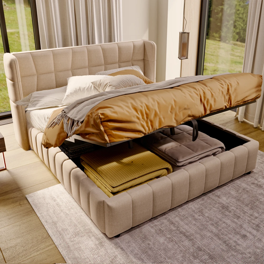 180x200cm gepolstertes Doppelbett mit pneumatischer Stauraum-Lattenrostunterlage und Rückenlehne – Leinenrahmen für Erwachsene und Jugendliche (ohne Matratze) – Detail 2