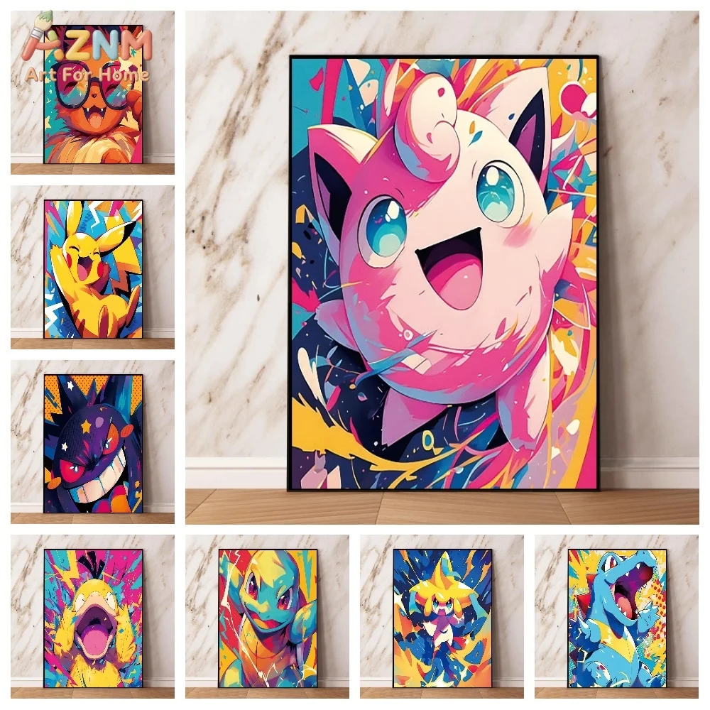 AZNM Pop Art Colorful Pokemon Canvas Print Unframed Flareon Gengar Psyduck Squirtle Jirachi Cool Anime Wall Decor Poster