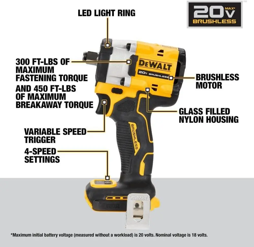 

DEWALT ATOMIC 20V MAX* 1/2 in. Cordless Impact Wrench with Hog Ring Anvil (Tool Only) (DCF921B)