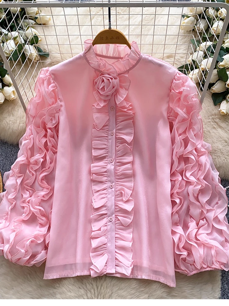 

Повседневная однобортная свободная струящаяся легкая рубашка с кружевными рукавами-фонариками, новинка 2025, модная осенняя женская одежда