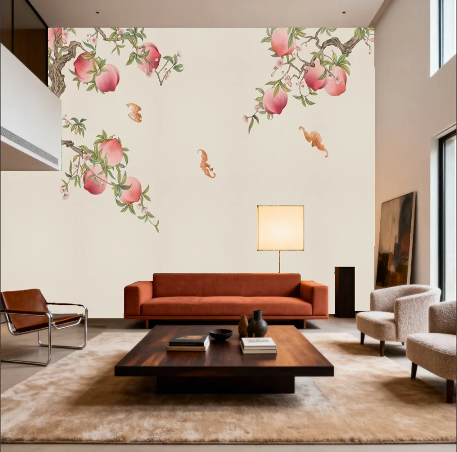 Customized size wallpaper hand-painted fruit grape mural home decoration persimmon pomegranate peach branch painting wallpaper
