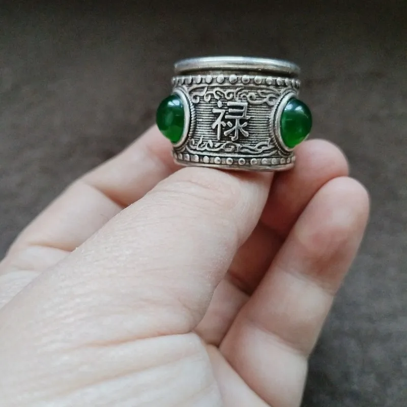 Antique Old Silver Ring Patina, Inlaid With Green Jadeite, Featuring A Rotatable Fu Lu Shou Design In Center