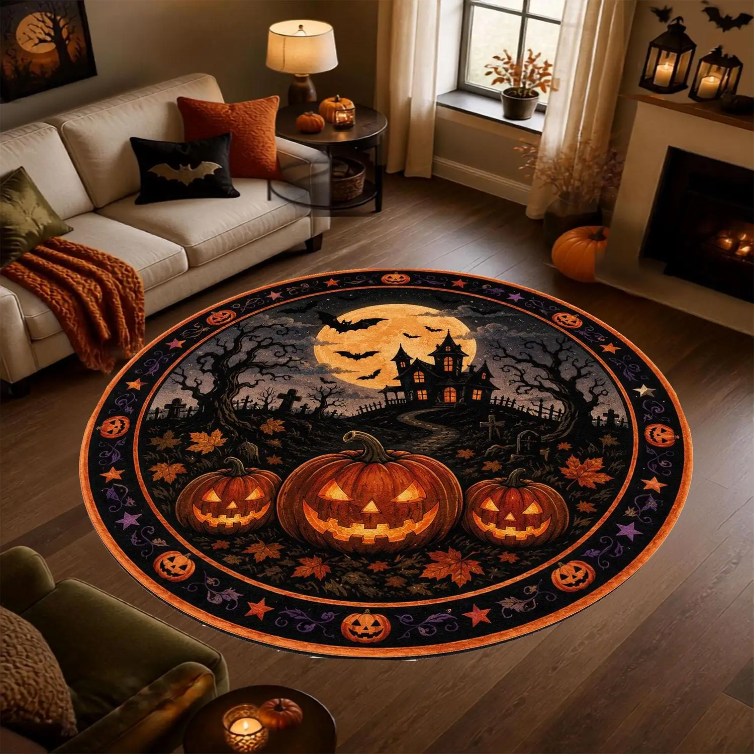 【Room Decoration Carpet】Halloween Round Carpet, Haunted House Pumpkin Carpet, Pumpkin Field Carpet, Gothic Autumn Decor, Jack-O'-Lantern Home Carpet, Full Moon Witch Carpet