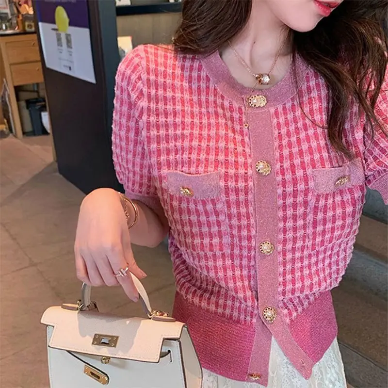 

French small fragrant peach pink cardigan sweater coat 2023 spring summer new women short sleeve gentle knitting cardigan top