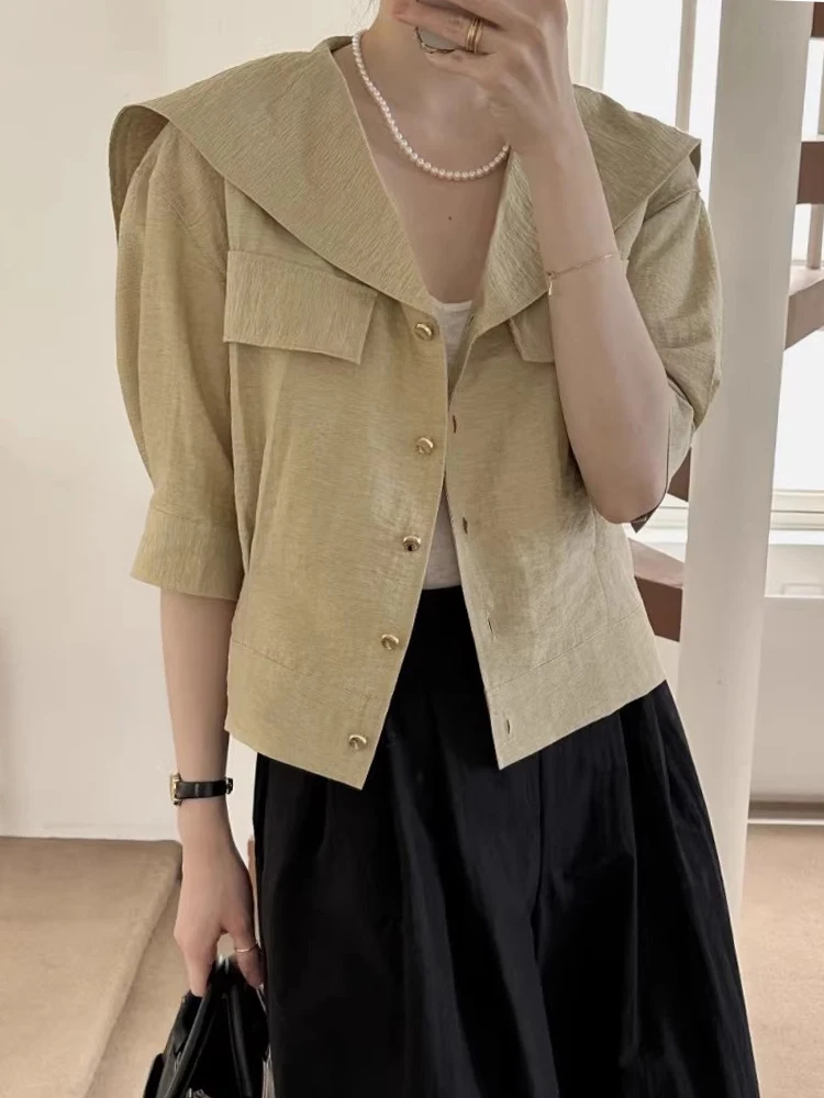 Clothland Women Fashion Summer Thin Jacket Sailor Collar Three Quarter Sleeve Basic Fashion Casual Coat Mujer CB092