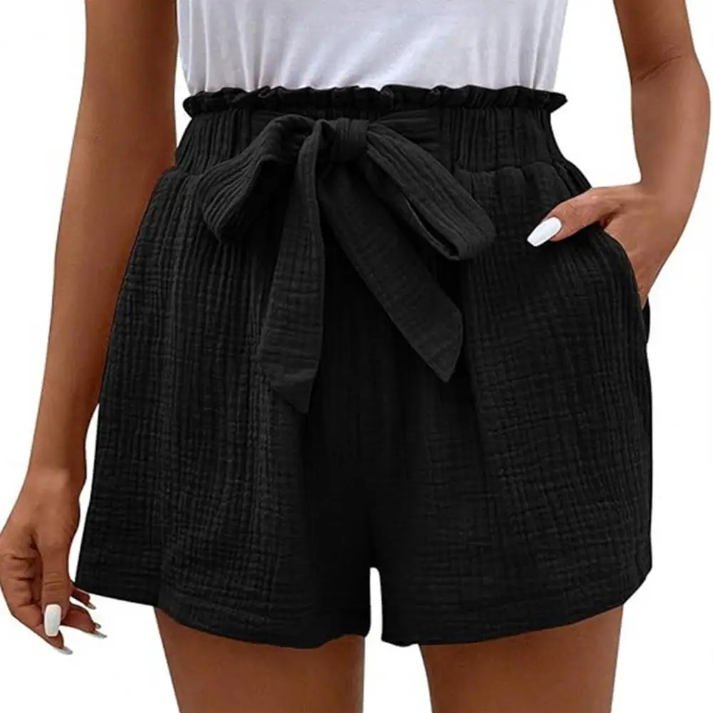 Elastic Waist Shorts Elastic Waist A-line Pleated Women's Mini Shorts with Shirring Lace-up Strap Side Pockets Bow for Club