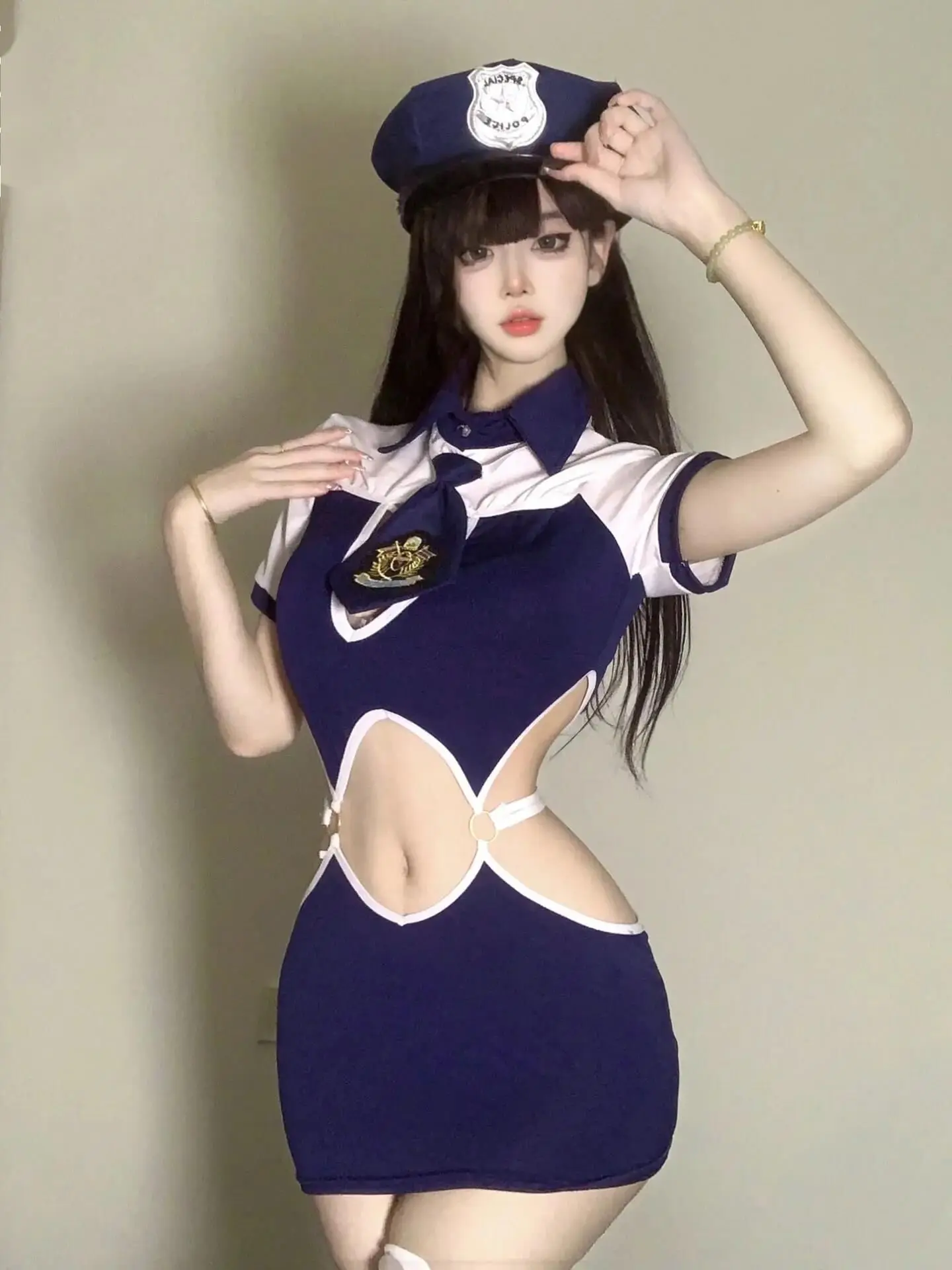 New Splicing Hollow Love Navy Style Flight Attendant Female Officer Binding Uniform Short Sleeve Role Playing Dress Elegant X977