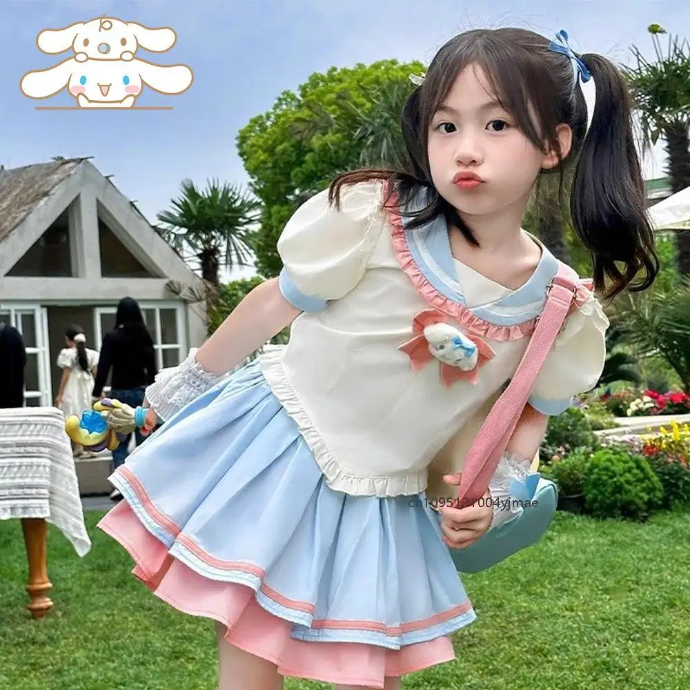 

Kawaii Cinnamoroll Girl's Jk Pleated Skirt Set Anime Sanrios Korean College Style Fashion Sweet Doll Collar T-Shirt Short Sleeve