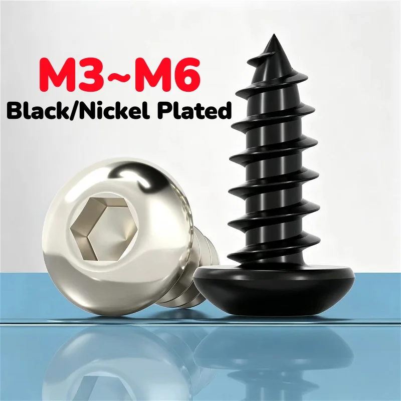 Grade 8 M3 M3.5 M4 M5 M6 Black/Nickel Plated Carbon Steel Button Round Pan Head Hex Hexagon Socket Self Tapping Screw Wood Screw
