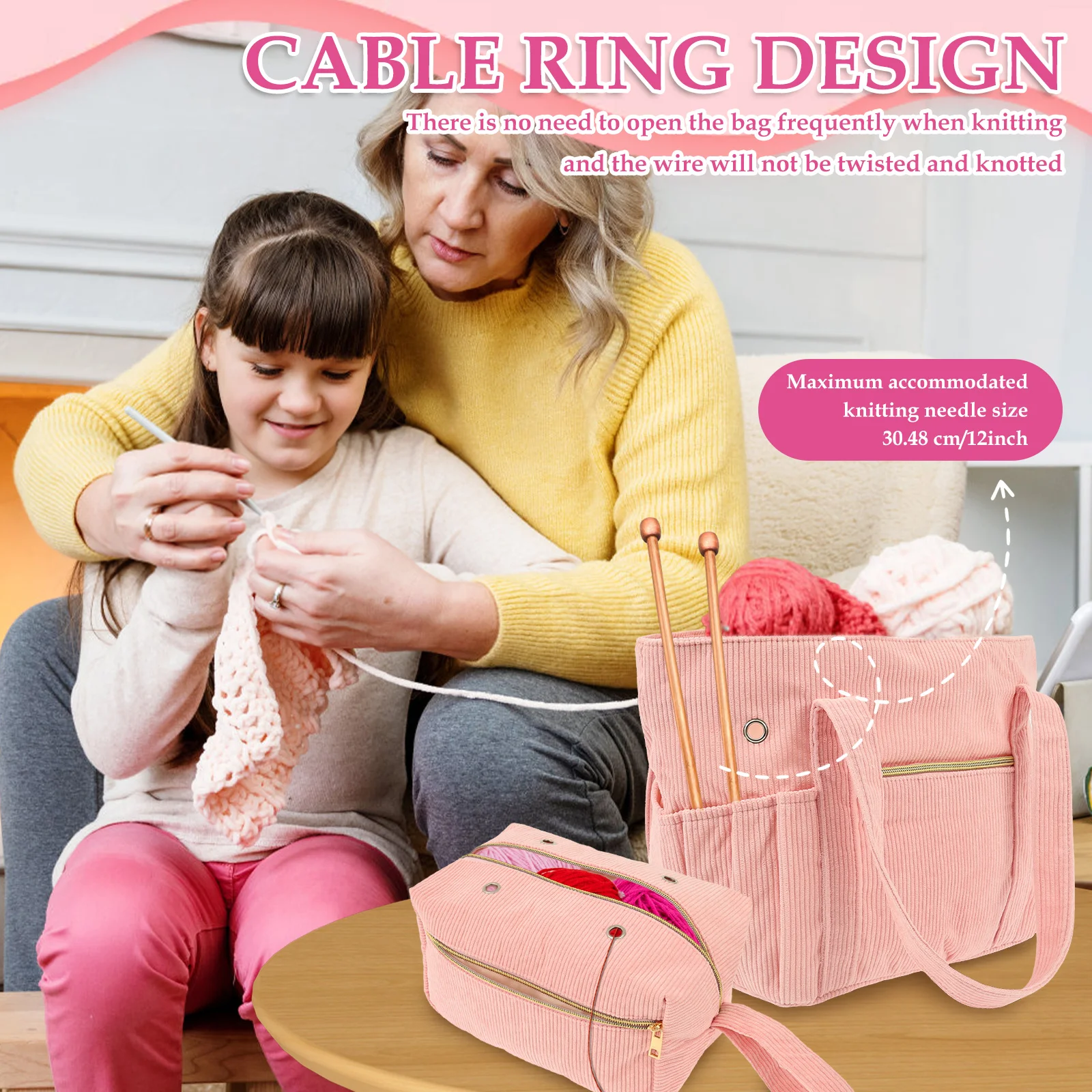 2Pcs Corduroy Crochet Bag Set Portable Soft Yarn Storage Bag with Grommet Needle Holder Large Capacity Large Yarn Storage Tote image 5